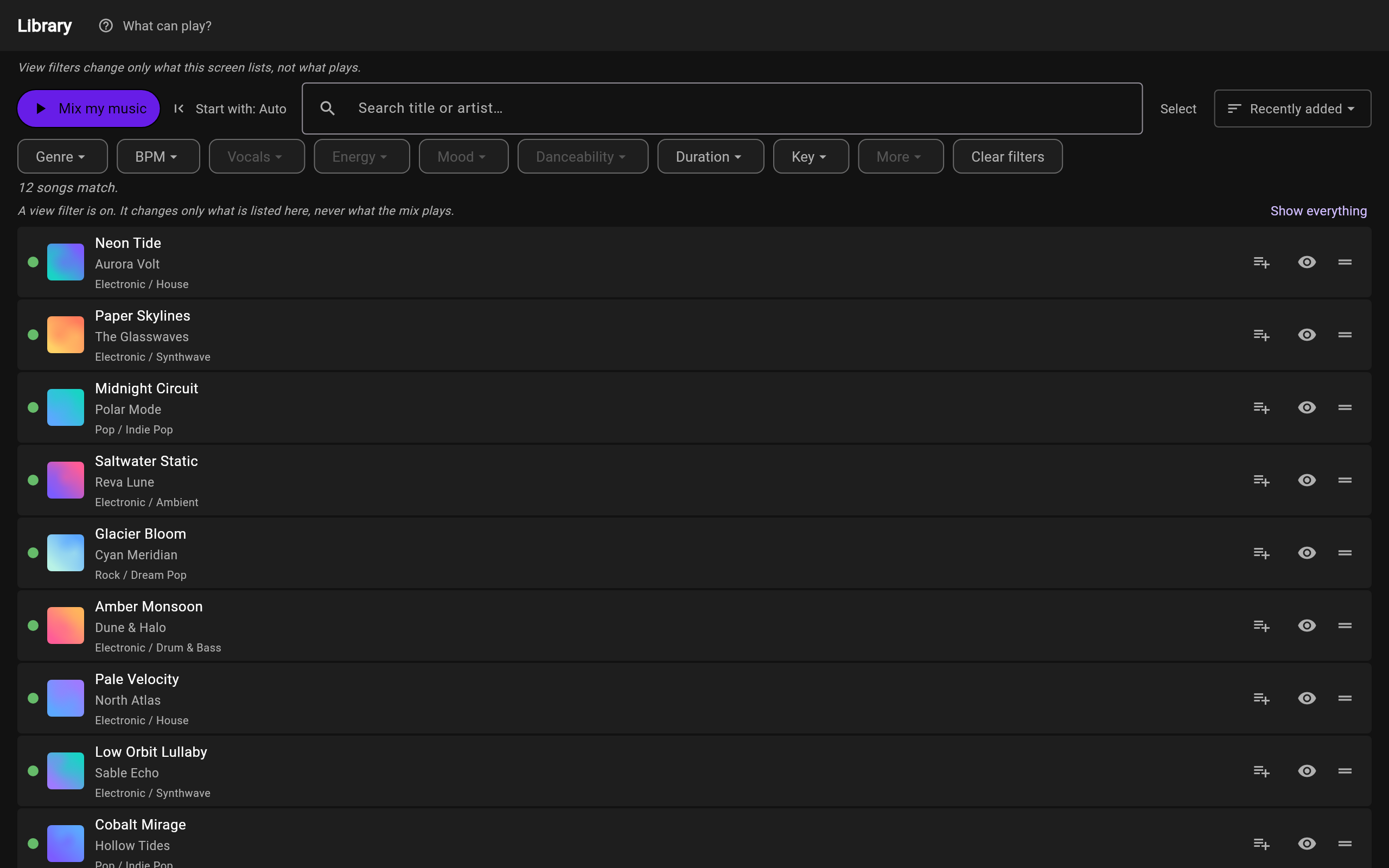 The Mix-a-Mash library, rendered with a fictional catalog: songs with tempo, genre and mix-readiness, and filter chips for genre, BPM, key, mood, energy and duration
