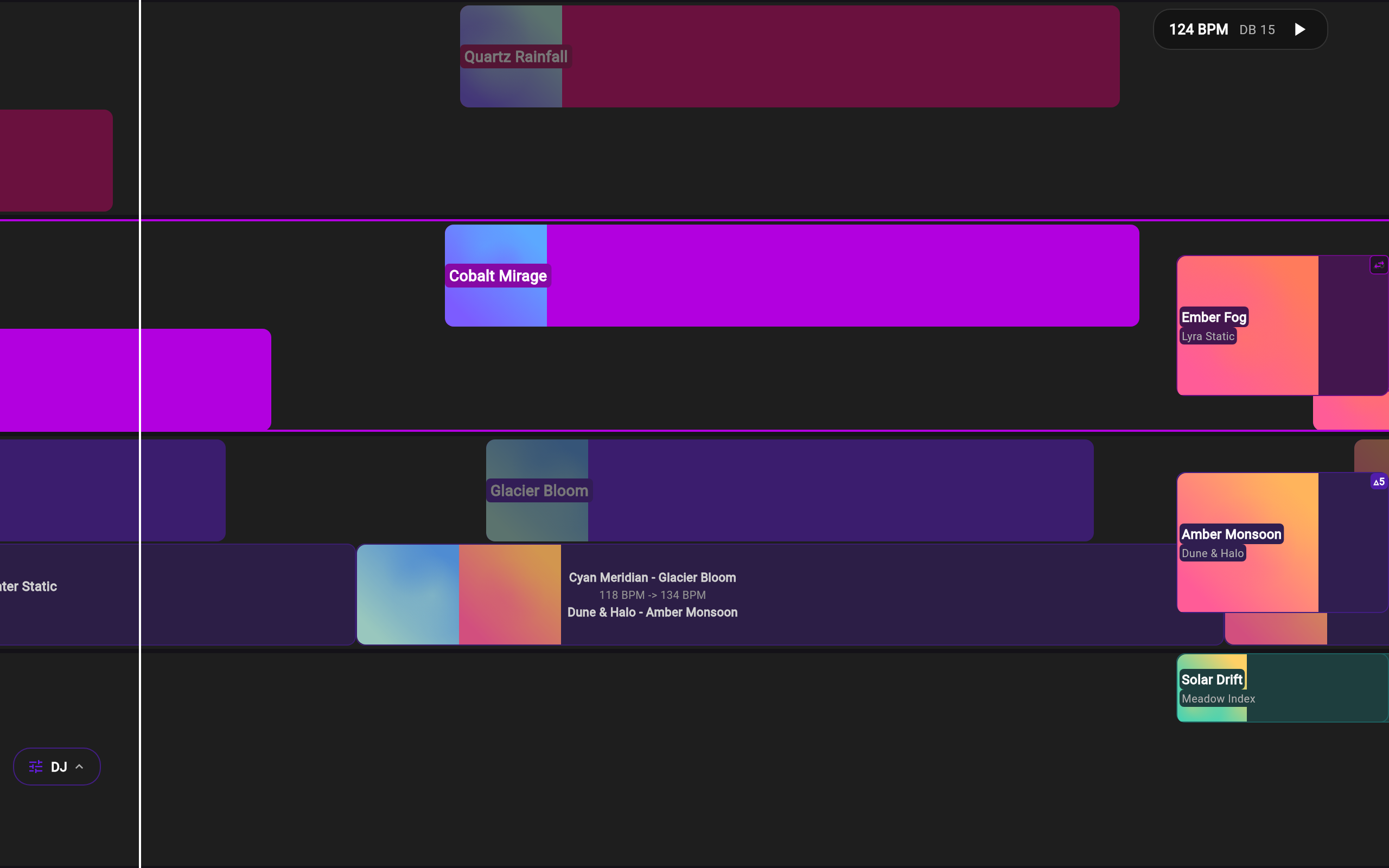 The Mix-a-Mash live deck mid-mix, rendered with a fictional catalog: one song's vocals laid over another's instrumental, upcoming songs queued, and a live tempo and downbeat readout